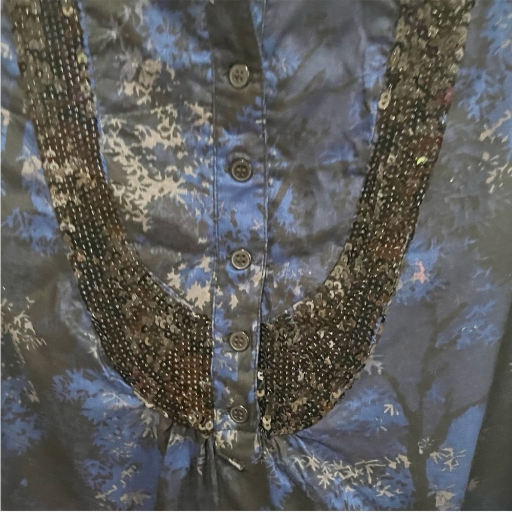 French Connection top blue black floral trees sequins cap sleeves buttons - Picture 2 of 8